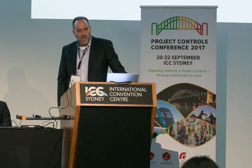 Ray Paulk, CEO of ProjectAI, leads a session on emerging technology trends in capital project controls at the inaugural Project Controls Conference at the International Convention Centre in Sydney, Australia (20 Sep 2017).
