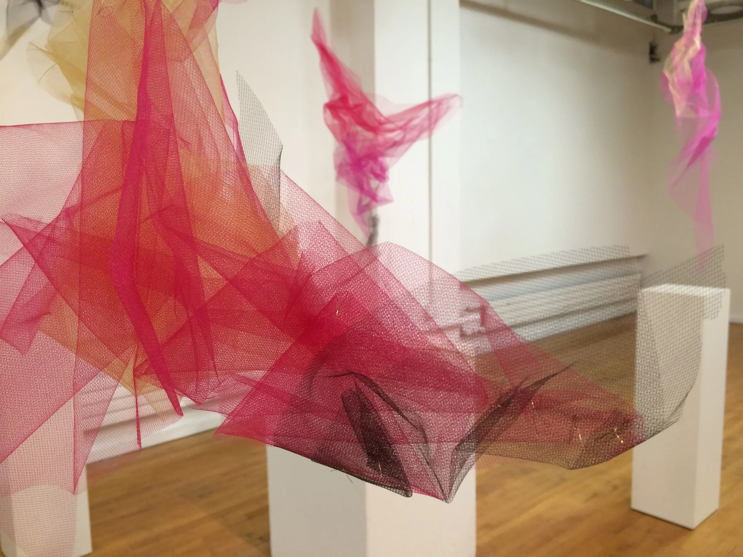  This work problematizes the notions of high and low brow culture. By inserting cheap and flashy materials--the brightly colored tulle and golden thread used in carnival costumes in the Canary Islands--into the gallery space, the limits of distinct c
