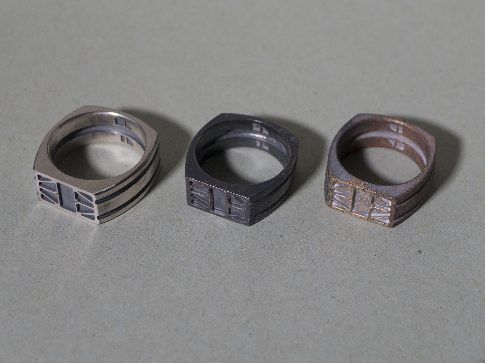 Venus probe ring, silver master, and patinated silver and bronze copies