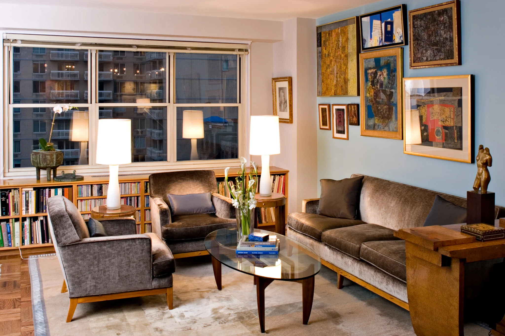 Living room, owner's vintage furniture, reupholstered, custom coffee table and rug by ICD