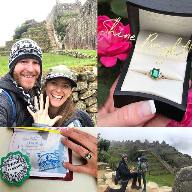 Can you say magical engagement proposal?! 💚💚💎💎💚💚 This amazing couple was so fun to work with and they choose a luscious emerald cut, emerald flaked by emerald cut diamonds set in 18kt yellow gold.  They headed out for a once in a lifetime trip 