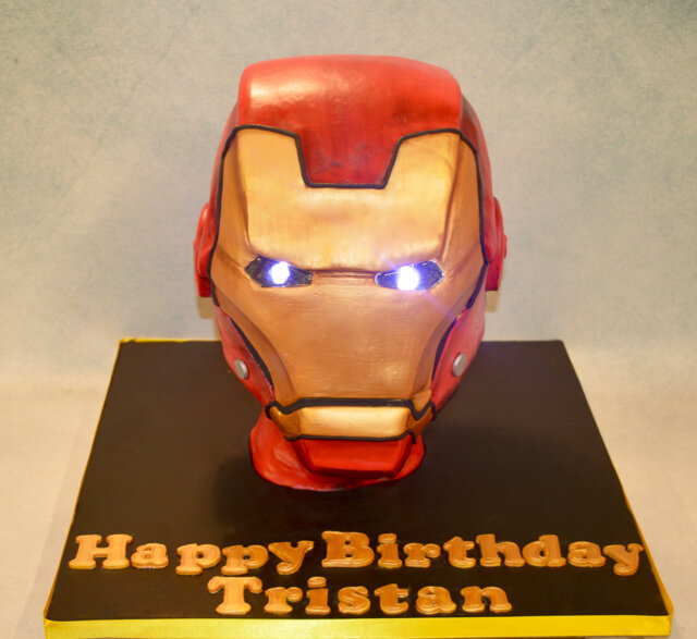 Iron Man head cake with working light eyes