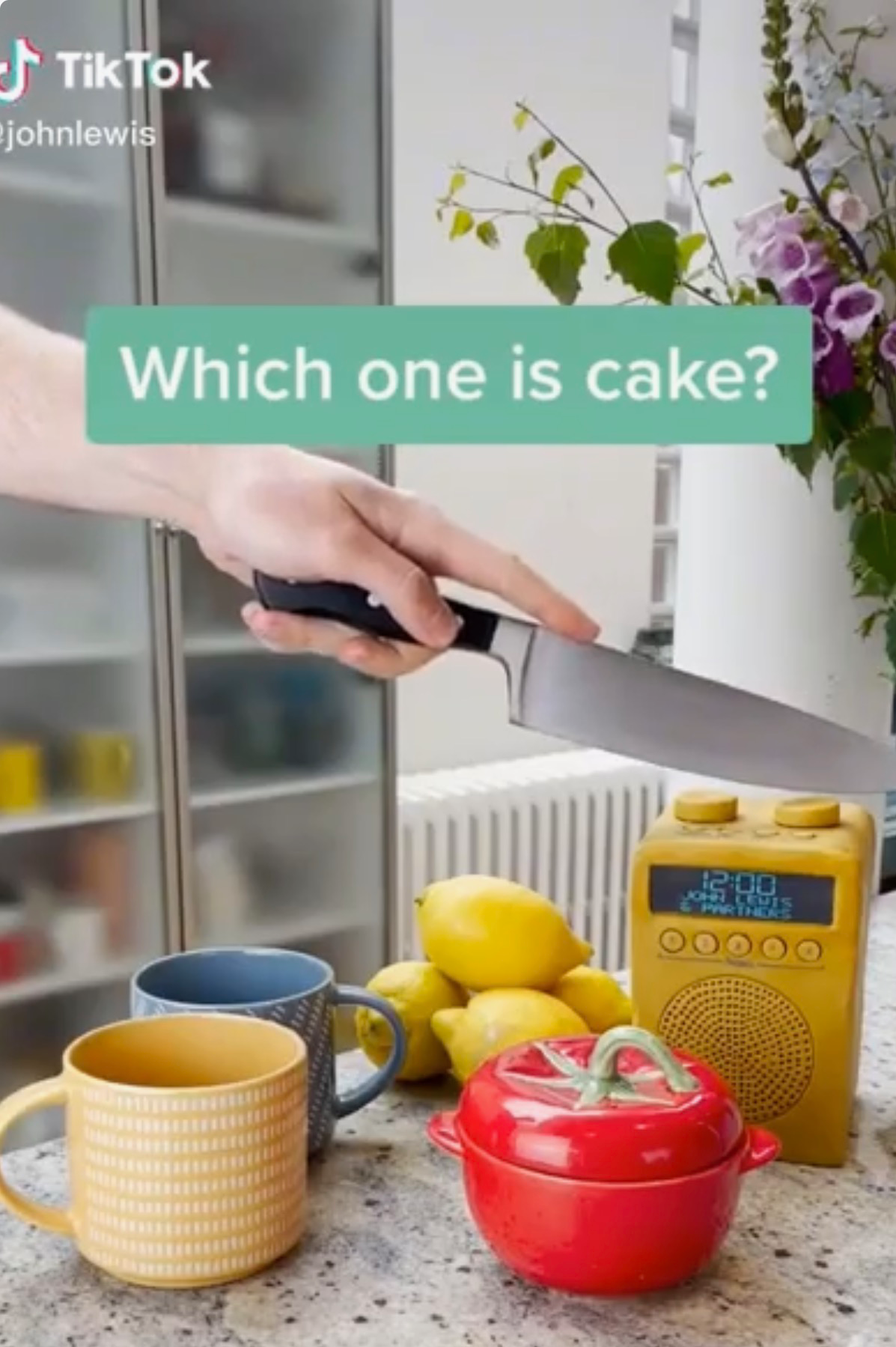 A kitchen scene with a hand holding a large kitchen knife over lemons, with a yellow radio, red container, cups, and a vase of flowers on the countertop, and a digital clock displaying 12:00.
