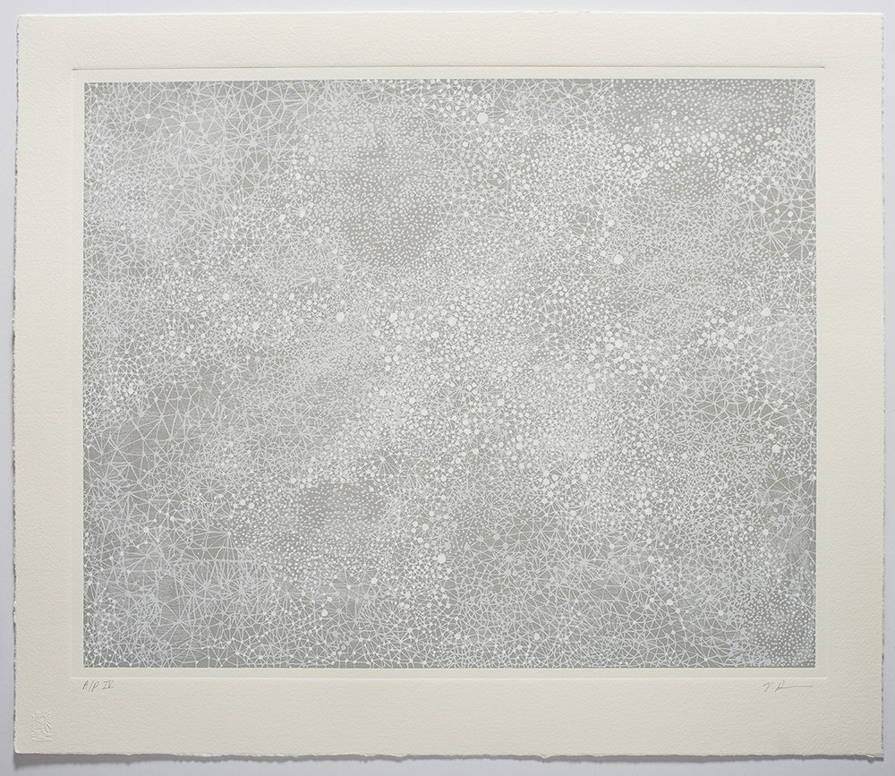 Victoria Burge, Cirrus, 2017, four-color screenprint with embossing on Hahnemühle Copperplate paper. Paper size: 19.5 x 22.5 inches; image size: 15.5 x 19 inches. Edition of 26. Printed by Brad Ewing, Marco Lawrence, and Grayson Cox. Published by Planthouse.
