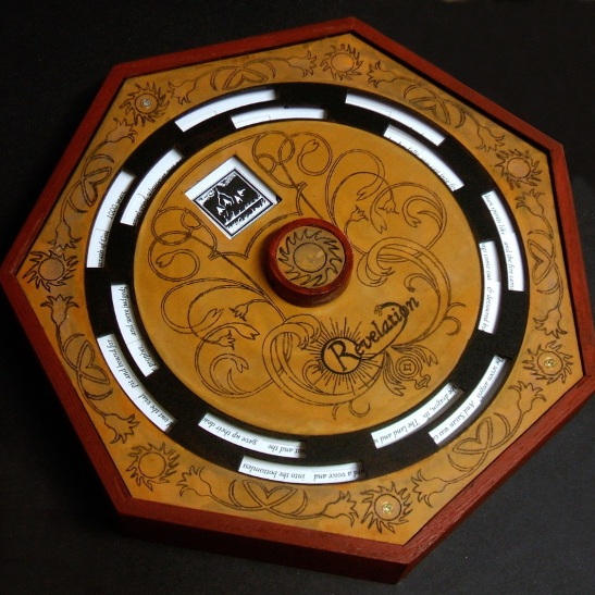 For the rotating-panel Revelation by Philadelphia-based artist bookmaker Thomas Parker Williams, Pike laser-cut the wood “pages” to reveal different word combinations, on a digital print beneath, as the central knob is turned.