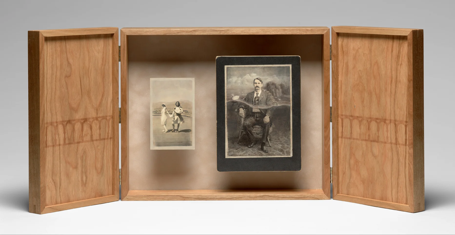 Laura Christensen - Regent's Park, 2018. Acrylic paint, vintage photographs, cherry wood, book cloth, and brass.