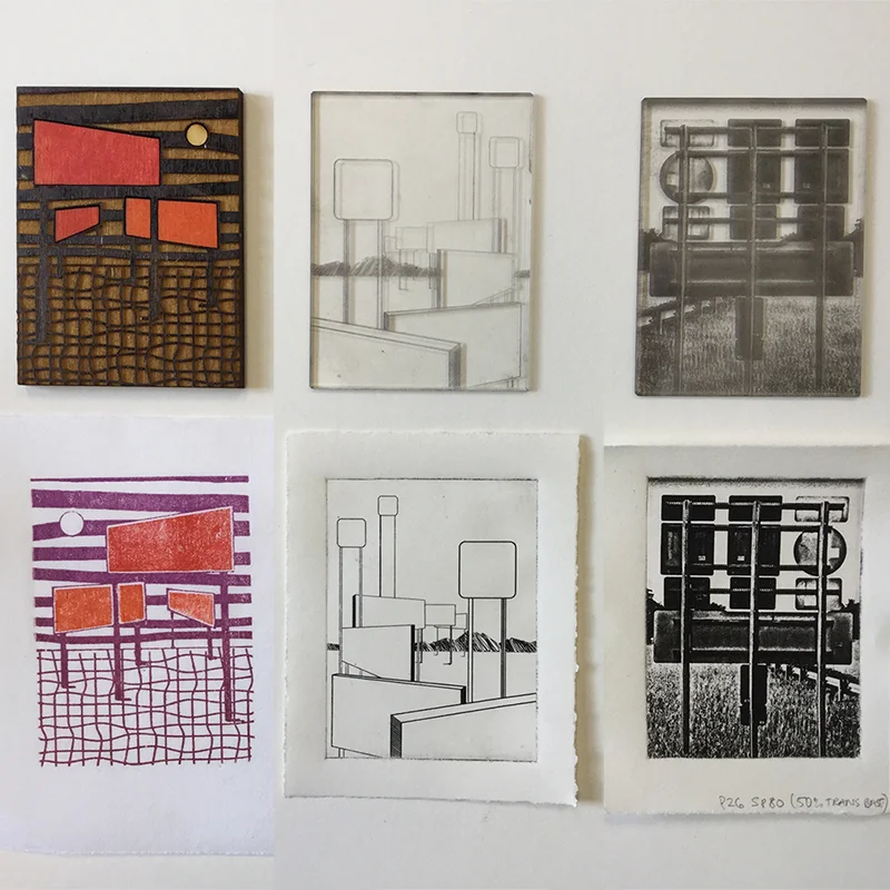 Nick’s plates and prints: jigsaw wood block, intaglio, photo intaglio (left to right).
