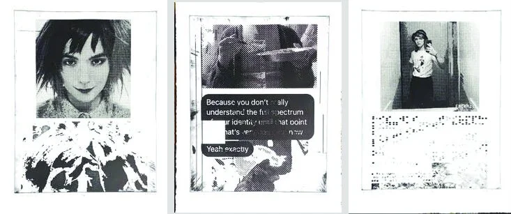 Laser engraved lithographs. Tryptic by Andrea Burns of a young women with text.