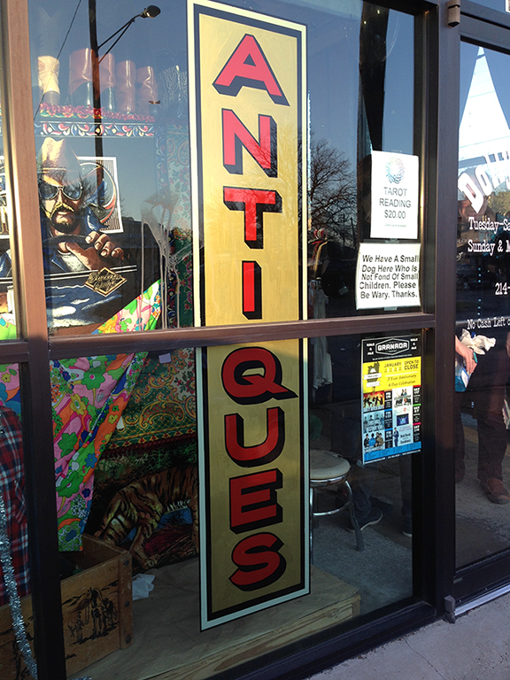 Hand Painted, Reverse on Glass Signage "Antiques"
