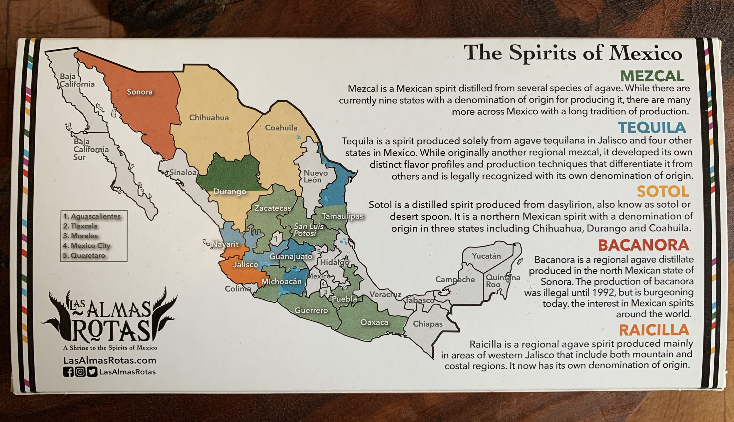 Map of Mexico with the States and spirits listed as well as a brief description of spirits.