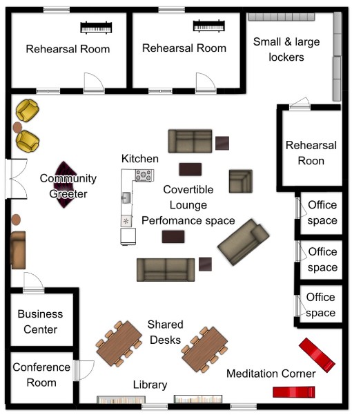 This is a dream floor plan of the Artist Co-Op. Below are the membership benefits: Rehearsal Spaces Conference Rooms Business Amenities Curated Member Services Partnership Discounts Incubator Performances Built like gym so we can exercise our artistic muscles.