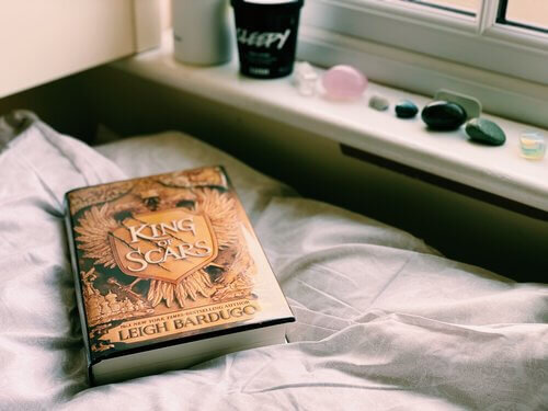 King of Scars by Leigh Bardugo sits on a pillow next to a window with stones sitting on the windowsill.