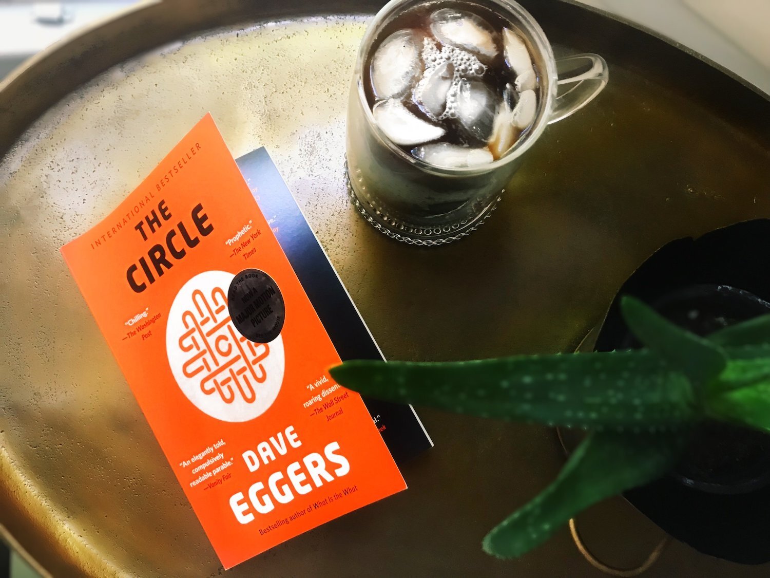 The Circle by Dave Eggers pictured from above on a table next to an iced coffee and an aloe plant.
