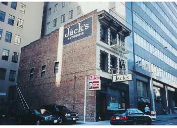 Jack's is eclipsed by downtown San Francisco skyscrapers.
