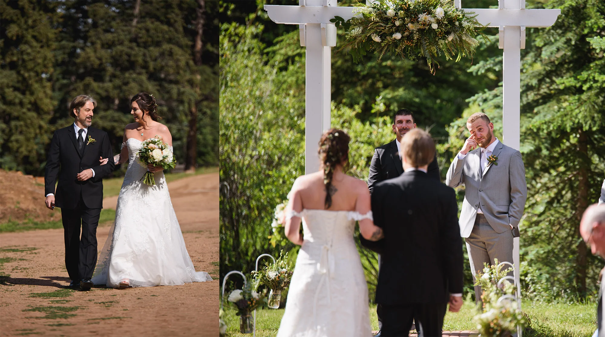 During the processional a single photographer will focus on who’s coming down the aisle (left), while a second photographer will stay focused on the groom’s reaction (right). If this in one photographer only, s/he will be challenged to turn their head back and forth, which may detract from the ability to calmly compose the shot.