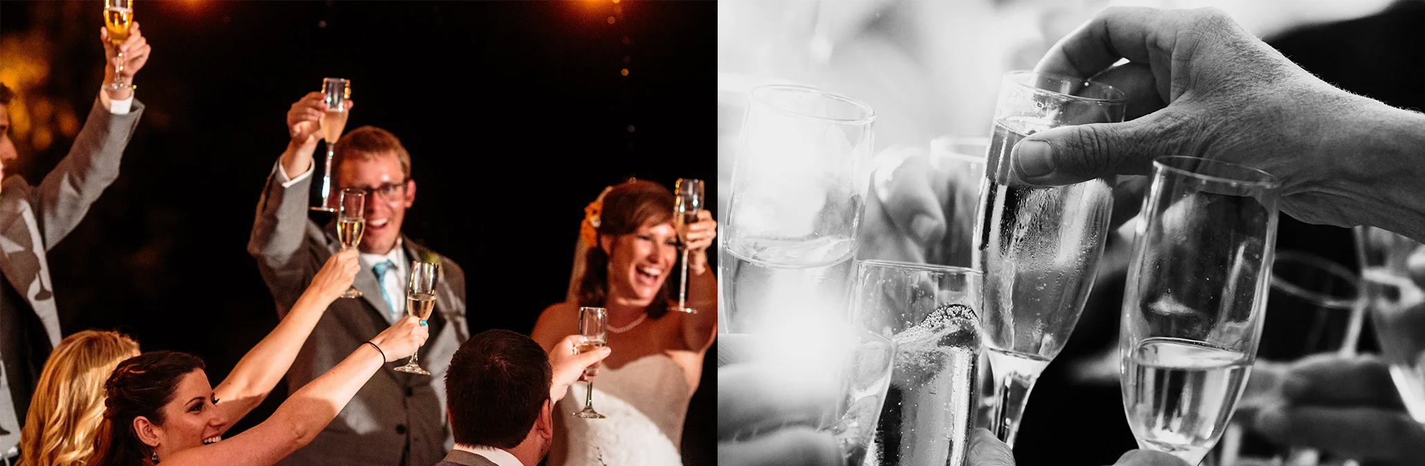 Same toast, with one photographer on the bride + groom (left) while a second photographer is watching the guests (right).
