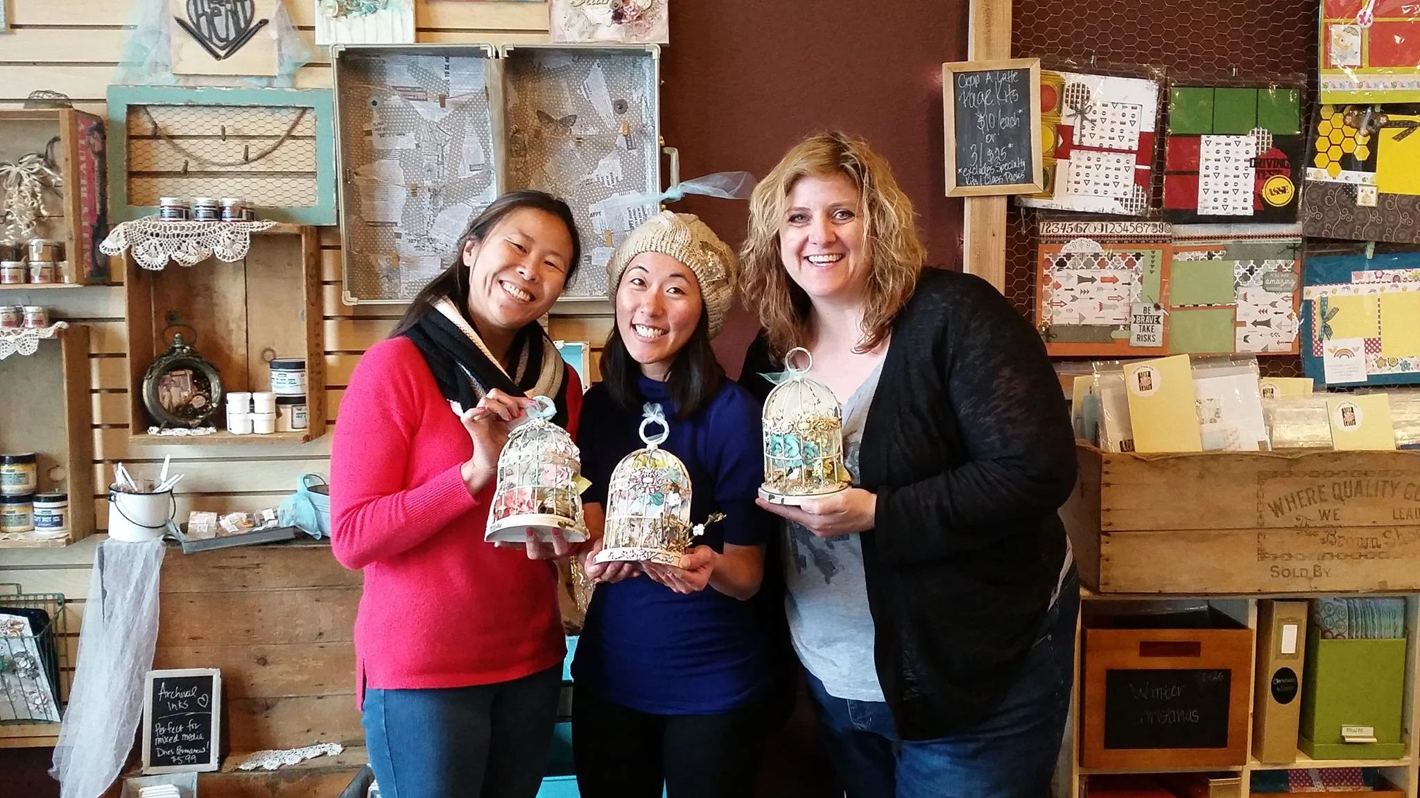One of Free Heart's first official classes at NoCo Crop Stop - altered Prima birdcage. So cute! And how cute are Nina and Joy with Tanya?