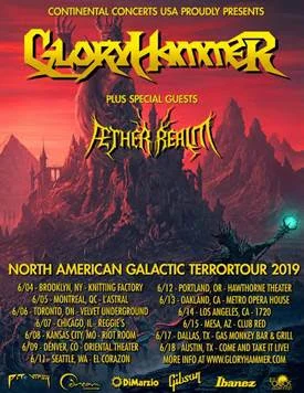 GLORYHAMMER were founded by Alestorm frontman Christopher Bowes in 2009, who spent the next years gathering an international line-up that suited his idea to create a band based conceptually on the fantasy genre and musically fitting generally into the power metal mould. Both aims were achieved stunningly and their debut album, Tales from the Kingdom of Fife released by Napalm Records in 2013 immediately garnered the band high critical acclaim from critics and fans alike. GLORYHAMMER were able to top this success with their second full-length Space 1992: Rise of the Chaos Wizards (2015) and have continued to tour in front of ever growing audiences, performed at all major metal festivals, and have by now been nominated twice by German Metal Hammer as best band in the category "Up & Coming" at the Metal Hammer Awards. GLORYHAMMER are: Angus McFife XIII, Crown Prince of Fife - Vocals Ser Proletius, Grand Master of the Deathknights of Crail - Guitars The Hootsman, Astral Demigod of Unst - Bass Zargothrax, Dark Emperor of Dundee - Keyboards Ralathor, the Mysterious Submarine Commander of Cowdenbeath - Drums All info on: Facebook Instagram Homepage