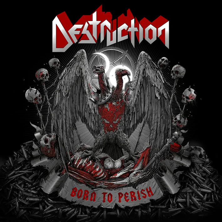 Legendary German thrashers, DESTRUCTION , have revealed the cover artwork to their upcoming 17th studio album , Born To Perish . This stunning visualization was created by acclaimed artist Gyula from Hungary, who has also created artwork for ANNIHLATOR, GRAVE DIGGER, STRATOVARIUS, TANKARD and many more. He has also produced a trailer where you can follow the creation of the artwork. Check it out here: https://www.youtube.com/watch?v=QyOZVrtWr_o The album will be released on August 9th, 2019 via Nuclear Blast. Gyula states "Schmier wanted to get a simple and different image than my previous DESTRUCTION covers. When we discussed the new concept, I was happy with this approach because I had the chance to use a different tool, no painting but ink-drawing style. When the band mentioned the album title, I got the idea of a crest composition without the typical brave lion or eagle but vultures with two heads and we filled the image with several symbols. I love this DESTRUCTION cover - maybe my fave I did for them so far!" Mastermind Schmier adds: "We wanted something basic this time. I had something like an emblem in mind, a stamp, a DESTRUCTION coat of arms. We had so many great colorful graphical covers in the past, this dark album title needed something different. This record marks the debut of the four piece DESTRUCTION again, I am very happy with the result and that the great Gyula understood right away what direction we wanna go - the album is vicious, dark and hard hitting, the cover-art is the perfect prelude for that!“ Born To Perish was recorded in January & February 2019 with VO Pulver (PRO-PAIN, BURNING WITCHES, NERVOSA etc.) at Little Creek Studios in Switzerland and is the first DESTRUCTION album featuring Randy Black on the drums and new 2nd guitar shredder Damir Eskic! Check out this short teaser and listen to the very first snippets of the upcoming album: https://www.youtube.com/watch?v=pMf6eJwFlpE Tour dates: 21.06. D Duisburg - Rage Against Racism 06.07. HR Pula - GoatHell Metal Fest 07. - 10.08. CZ Jaroměř - Brutal Assault 08. - 10.08. D Schlotheim - Party.San Open Air 16.08. BG Varna - Rock Fest 31.08. A Breitenstein - Metal Escalation Festival »Killfest 2019 - Part II« w/ OVERKILL, FLOTSAM AND JETSAM 12.09. P Porto - Hard Club 13.09. E Madrid - La Riviera 14.09. E Barcelona - Salamandra 17.09. D Saarbrücken - Garage 18.09. D Nuremberg - Hirsch 19.09. D Oberhausen - Turbinenhalle 22.09. D Herford - X 23.09. D Wiesbaden - Schlachthof 24.09. B Antwerp - Trix 08./09.11. D Weissenhäusser Strand/Ostsee - Metal Hammer Paradise 07.12. D Balingen - Crazy X-Mas More info coming soon. Stay tuned!