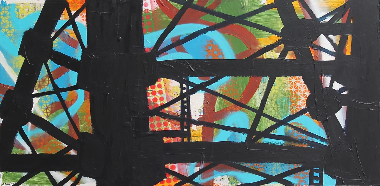 Lakeview Platform, acrylic, spray paint and collage on panel, 24x48, 2013, AVAILABLE