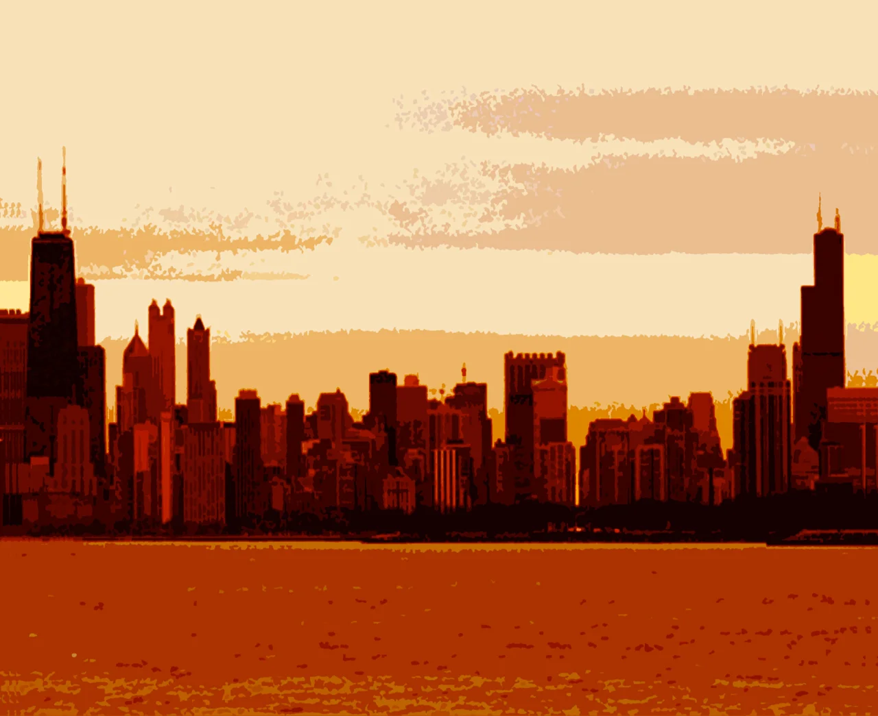 Chicago Skyline Sunset, digitally enhanced photograph, 2002