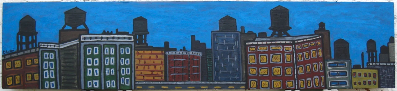 South Loop Watertanks, acrylic on wood, 13x58, 2008, SOLD