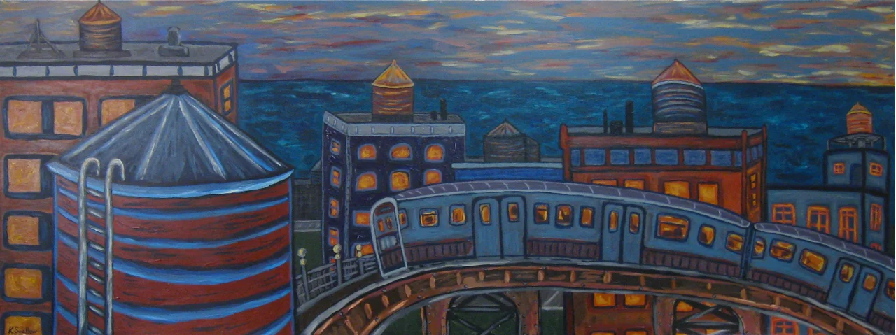 Sunset on the Brown Line, acrylic on wood panel, 30x80, 2009, SOLD