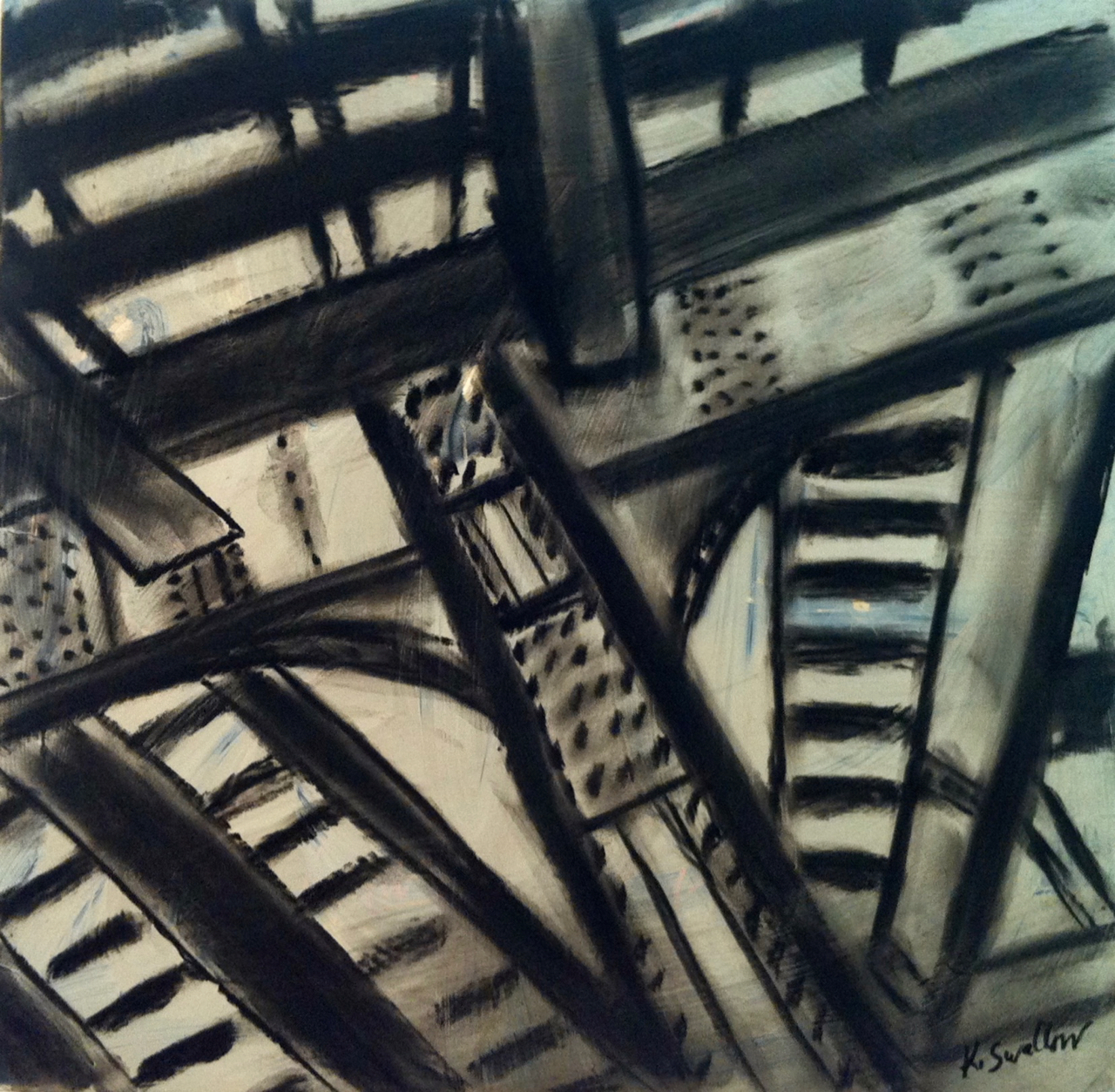 Brown Line Overhead, acrylic and charcoal on record album cover, 12x12, 2012, AVAILABLE