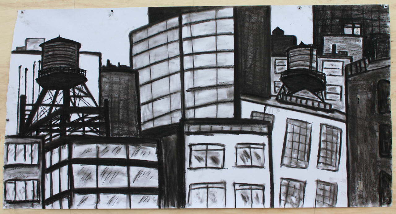Wicker Park & Loop Mashup, charcoal on paper, 36X60, 2015, AVAILABLE