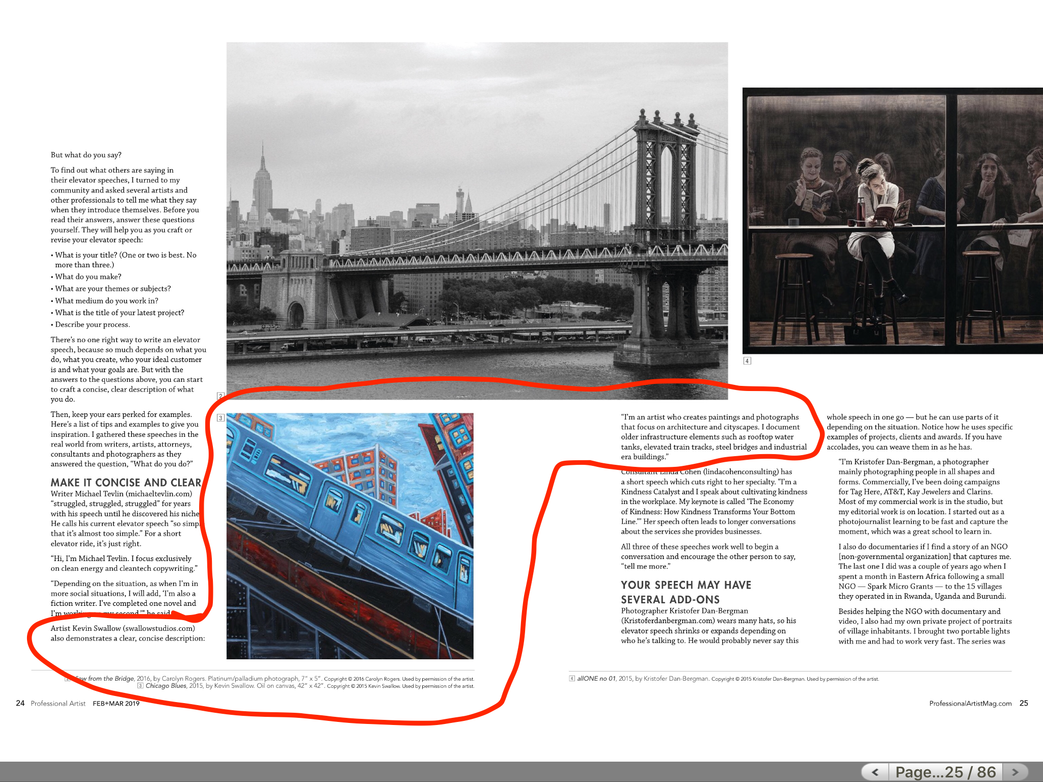 How to Nail Your Elevator Speech by Gigi Rosenberg, Professional Artist Magazine , February-March 2019