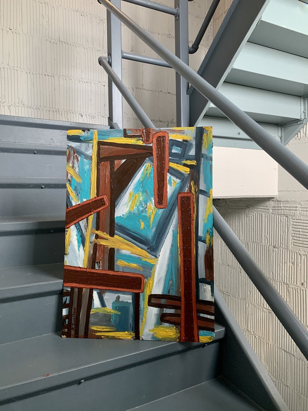 Stairwell Vertigo Blues, oil on panel, 24x18”, 2022