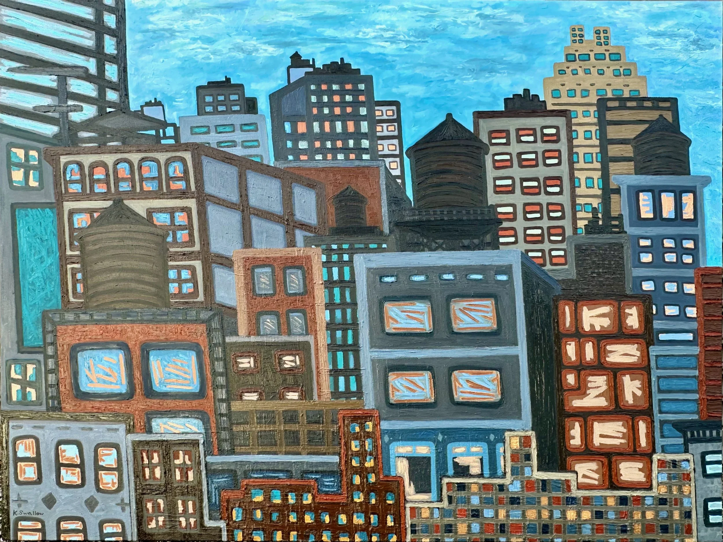 New NYC cityscape painting: Watertanks over Midtown East