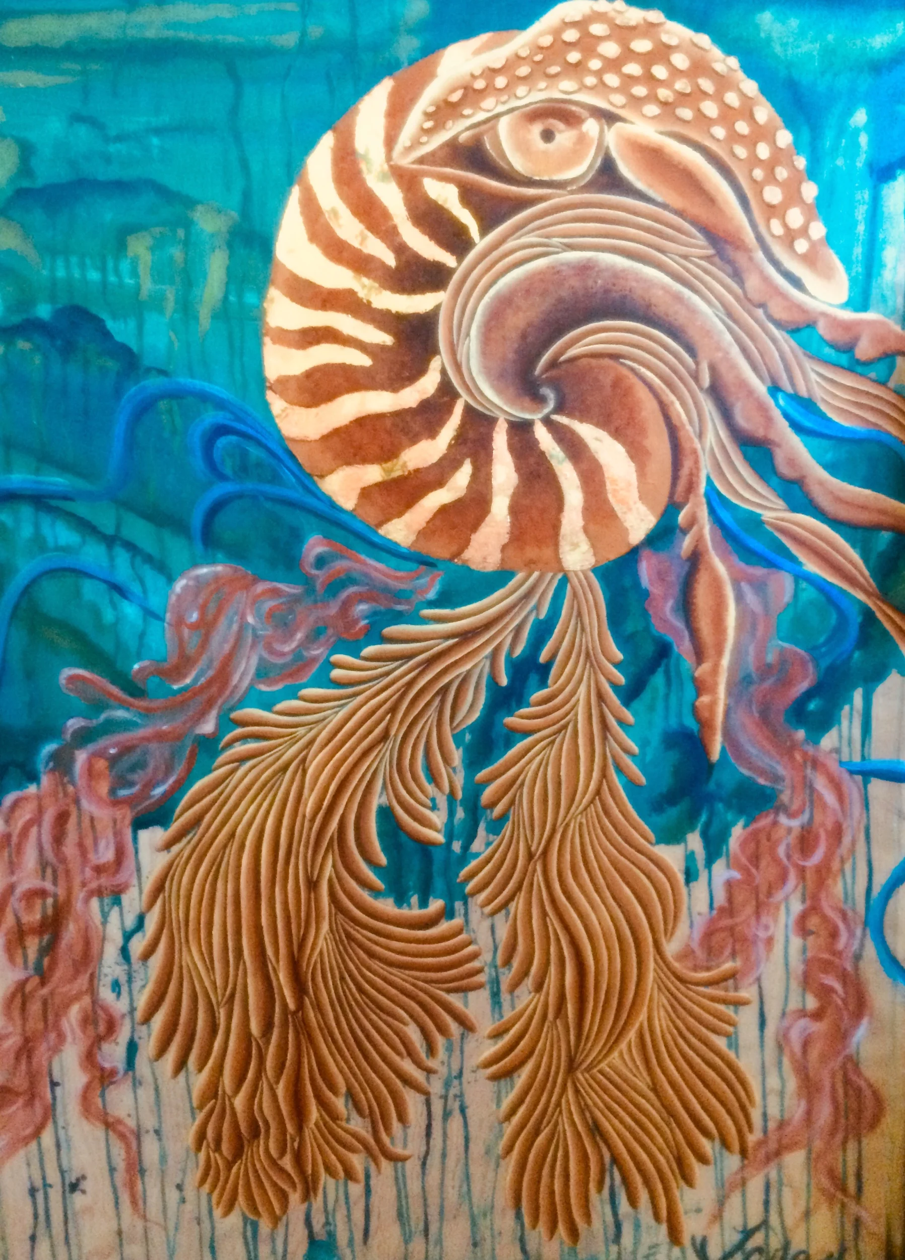 “Cosmic Warrior” 2016 Acrylic and gold leaf on recycled wood 33”x24”