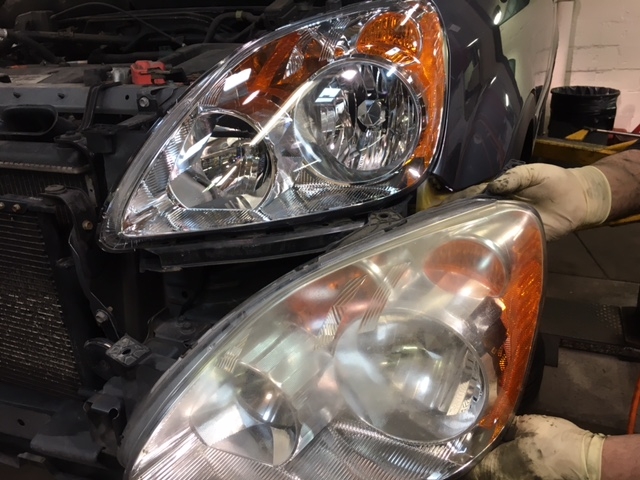 New replacement headlight lens vs. old dingy lens