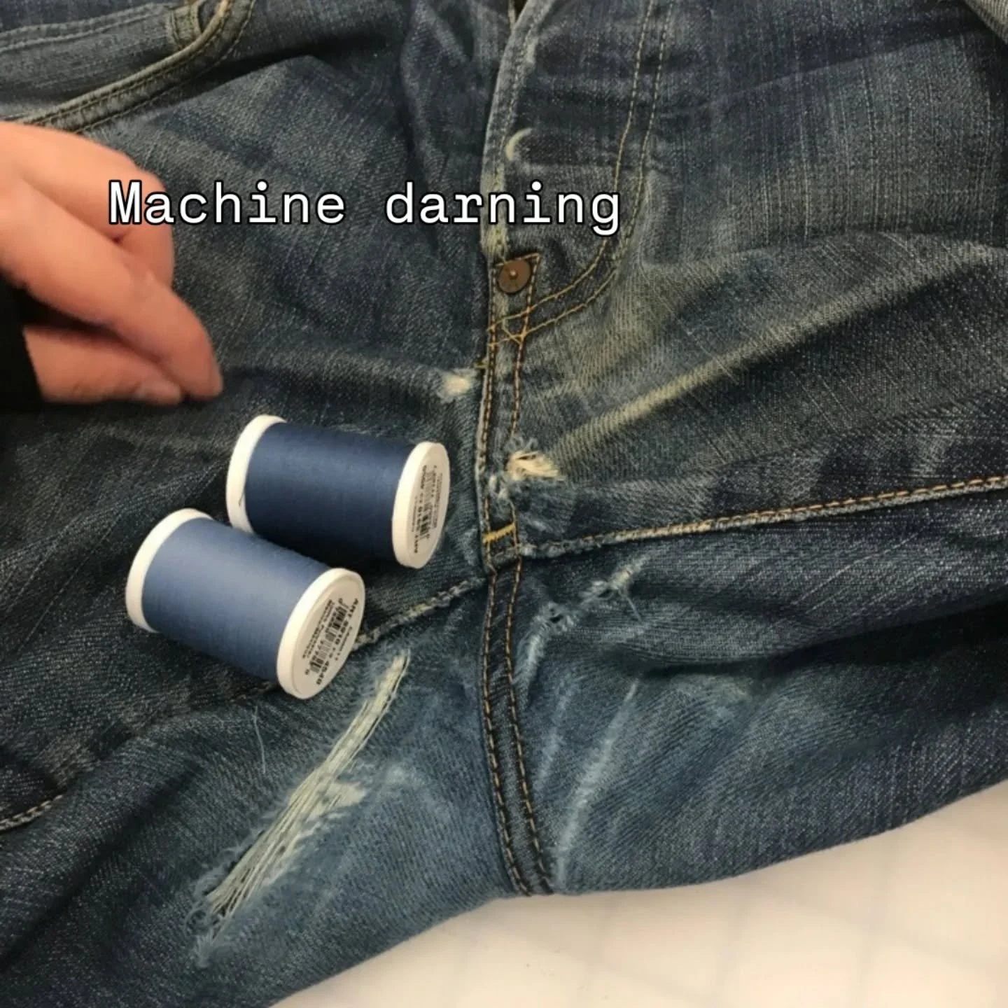 🪡 100 Days of Mending: Day 64: color matching for machine darning 👖🔵🧵

If you want me to fix your jeans, drop in any time we&rsquo;re open at Production Mode, 12-6pm, Wednesday-Sunday, or send me an email with your questions at lucydreamsof@gmail