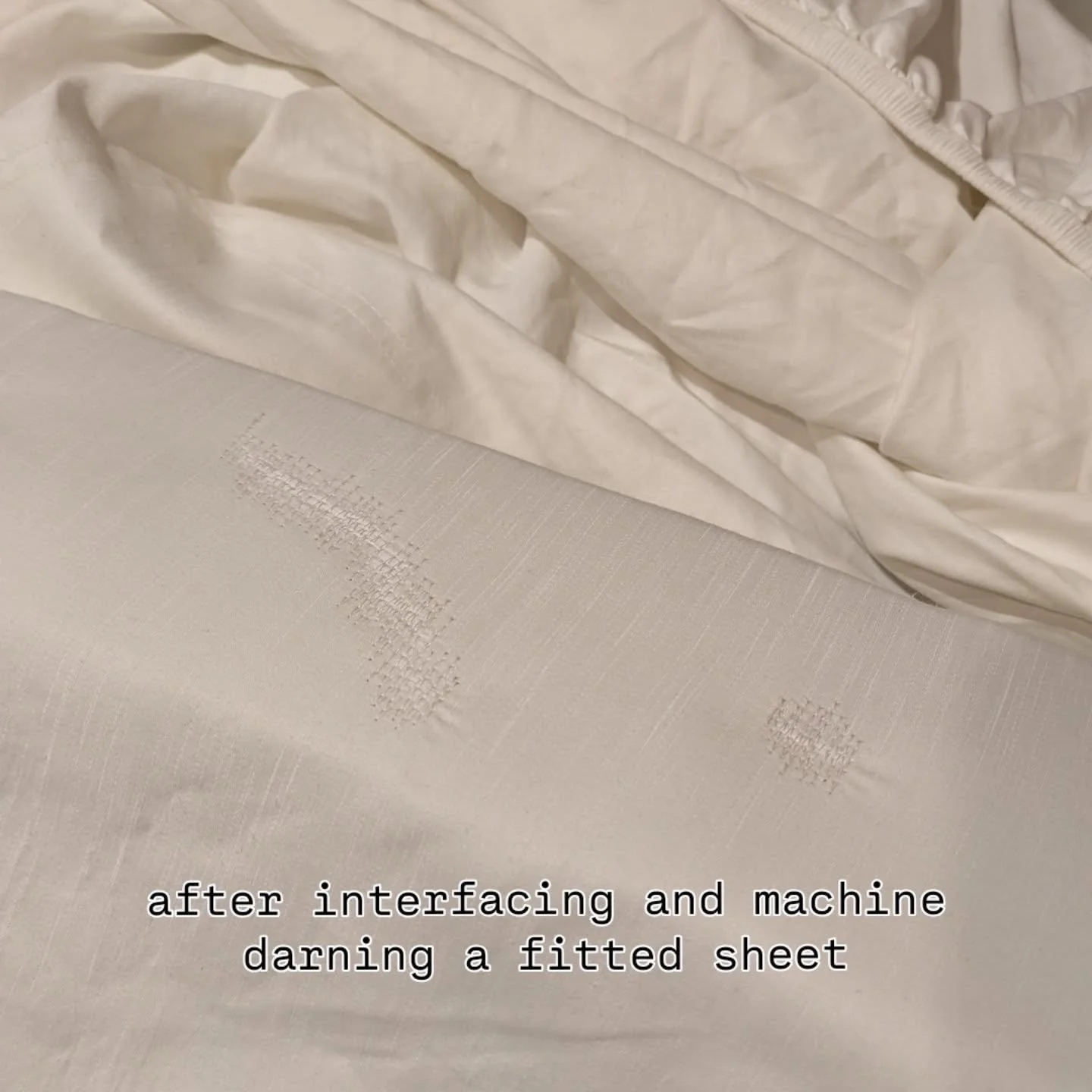 🪡 100 Days of Mending: Day 68: interfacing and machine darning a fitted sheet

The hardest part about this one was trying to fold it afterwards. The sheet was torn and wearing thin in a large area, so I backed it with lightweight cotton fusible inte