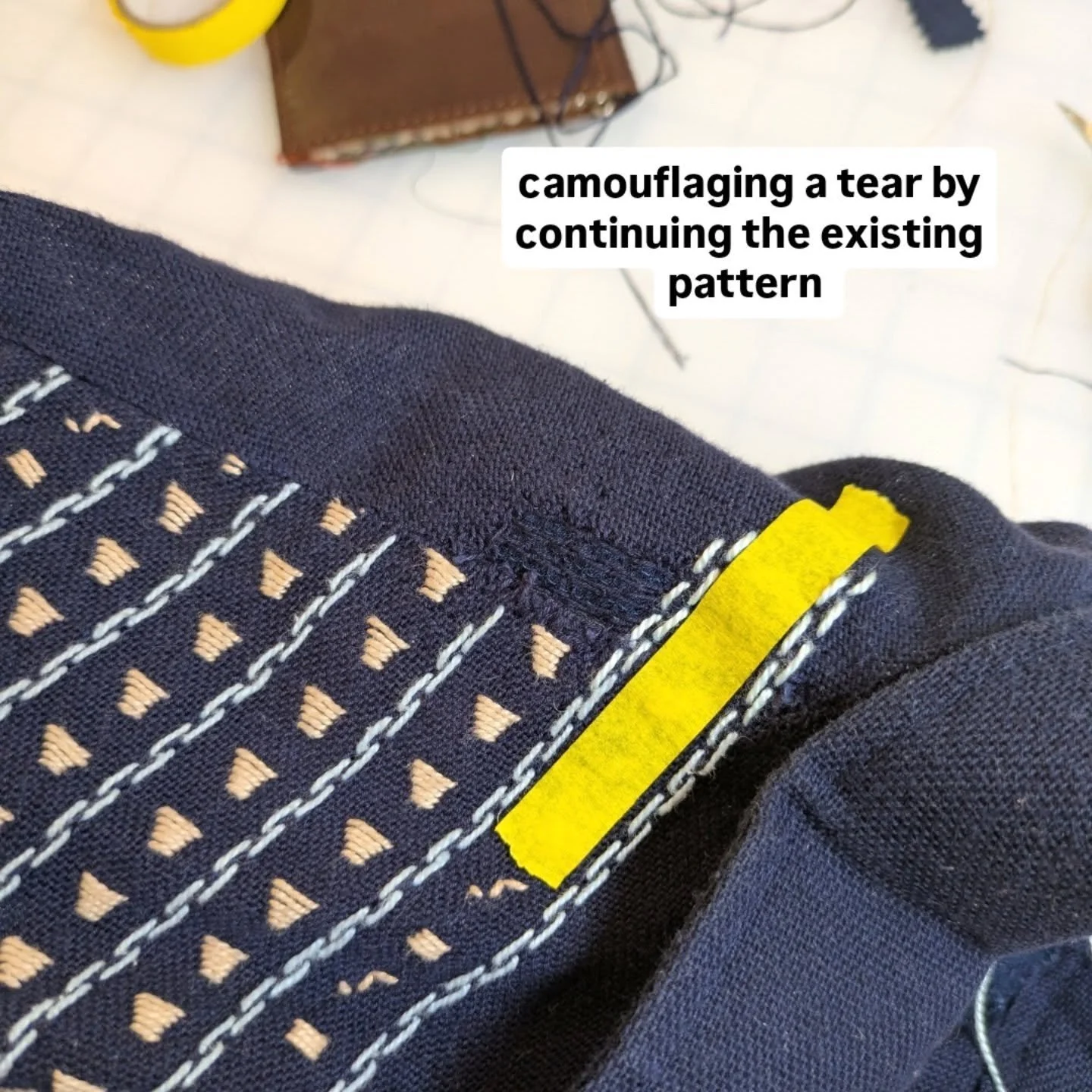 🪡 100 Days of Mending: Day 69: camouflaging a tear in Jeff&rsquo;s favorite fancy shirt by continuing the pattern in the front after patching and darning the holes

If you want me to mend your shirts, drop in any time we&rsquo;re open at @production