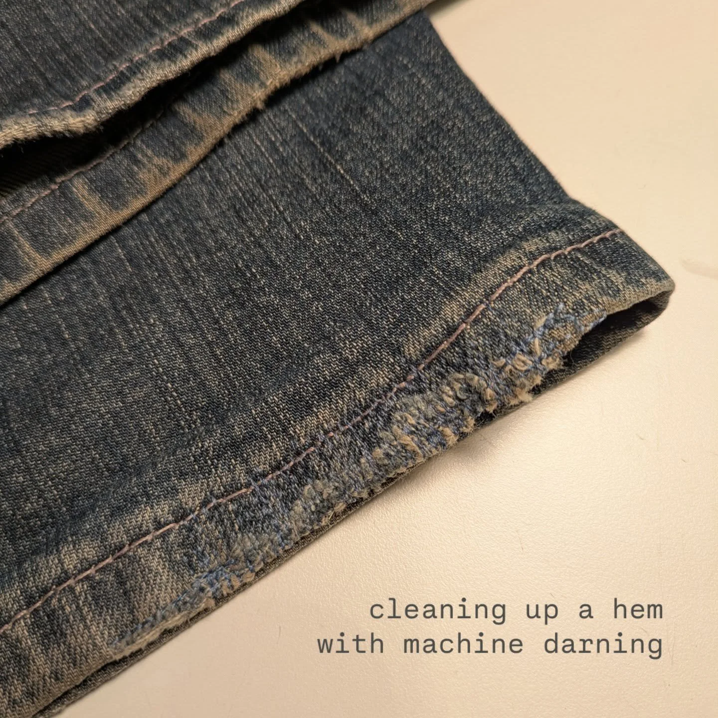 🪡 100 Days of Mending: Day 72: cleaning up the hem of a pair of denim jeans with machine darning👖

If you want me to fix your jeans, drop in any time we&rsquo;re open at Production Mode, 12-6pm, Wednesday-Sunday, or send me an email with your quest