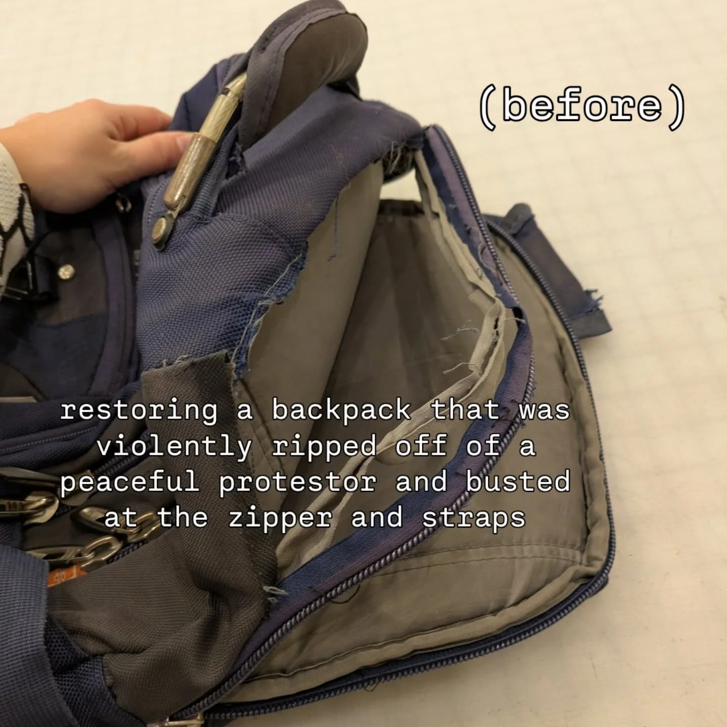 🪡 100 Days of Mending: Day 73: restoring a backpack that was violently ripped off of a peaceful protestor and busted at the zipper and straps, because what else is there to do but to keep taking care of each other so we can keep pushing forward?

Sh