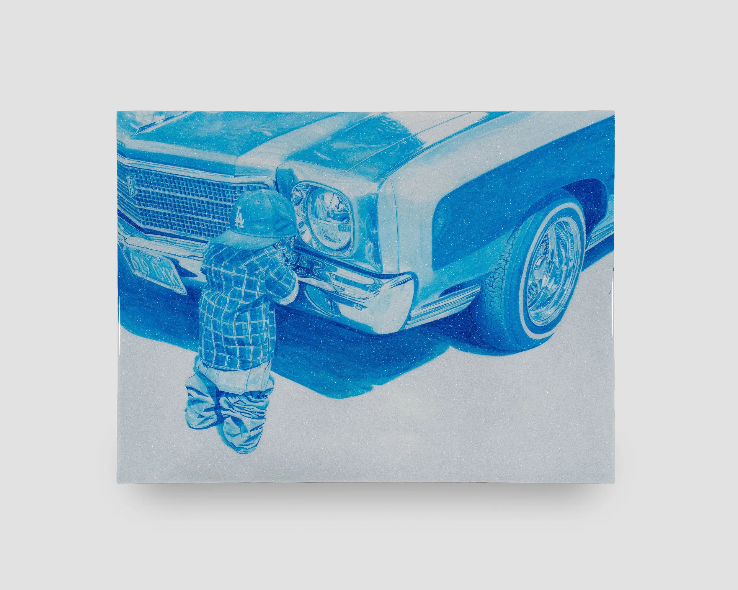   The Perez Bros.     El Muñeco    2025  Acrylic, automotive glitter flake, epoxy on wood panel   24 in x 18 in    