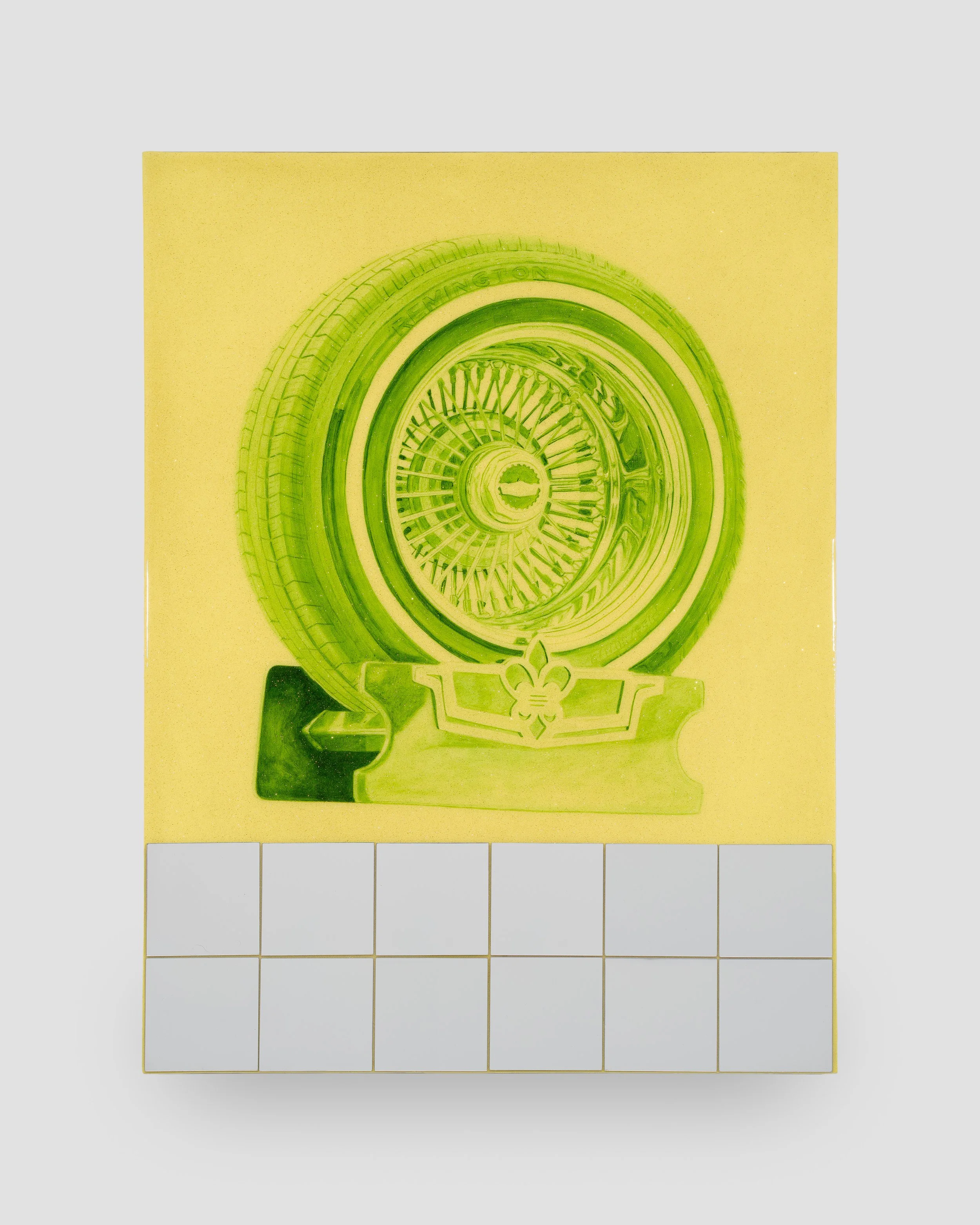   The Perez Bros.     Wheel display    2025  Acrylic, automotive glitter flake, epoxy, mirror, on wood panel  18 in x 24 in 