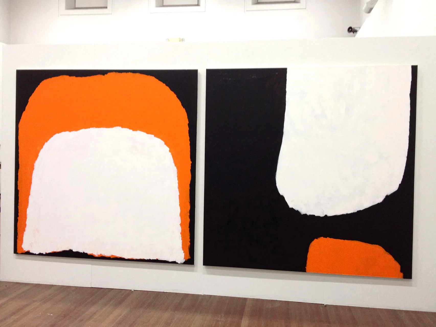 Black, White and Orange Painting, 2011 & Cadmium Orange Painting, 2012 Installation view, Sydney College of the Arts Galleries, acrylic on canvas, 2m x 2m, Collection of Artbank