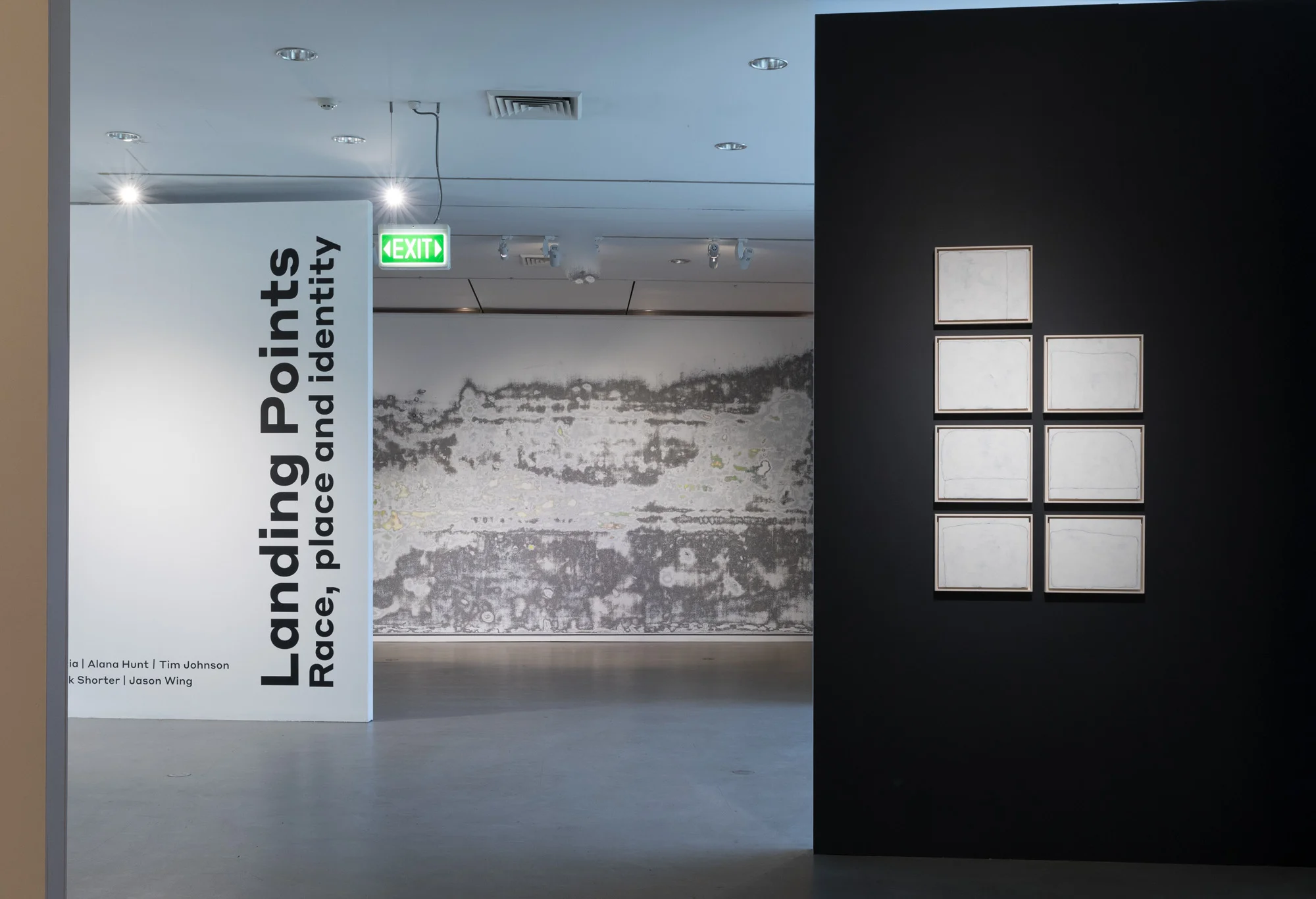 Installation image: silversalt. Background: Time Prolapse by Carla Liesch; Right: Eight Vertical Perspectives (detail), Hayley Megan French