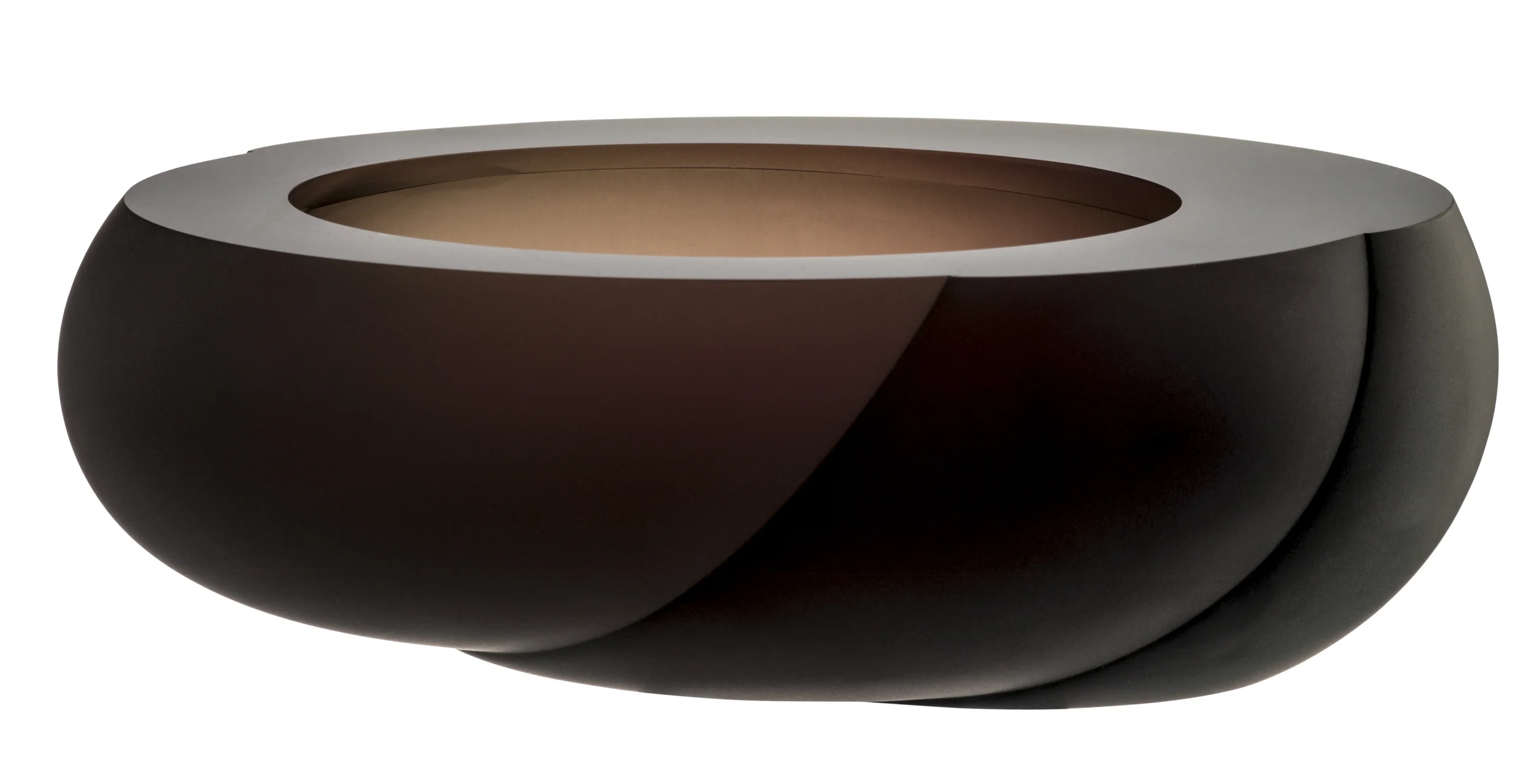 Drop bowl. Smoke/ dark purple, sandblasted mouth blown glass. App. H 8 cm x Dia 25 cm. Retail price 3.900 Dkk.