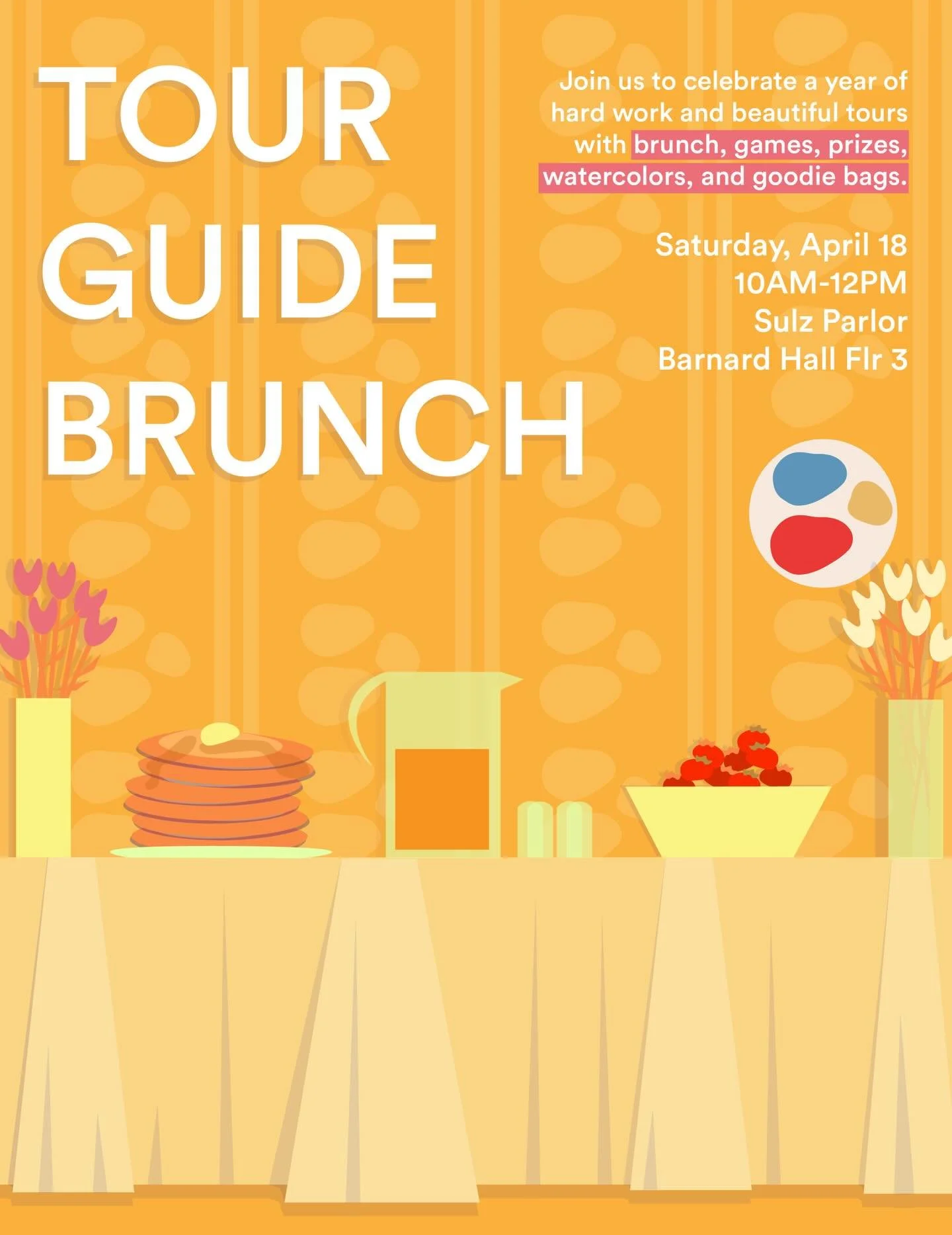 Tour Guide Brunch is this Saturday, April 18 from 10am-12pm in Sulz Parlor, Barnard Hall! RSVP in bio. Come celebrate your year of hard work and beautiful tours! We will have watercolor, games, an escape room, prizes for winning games and everyone wi