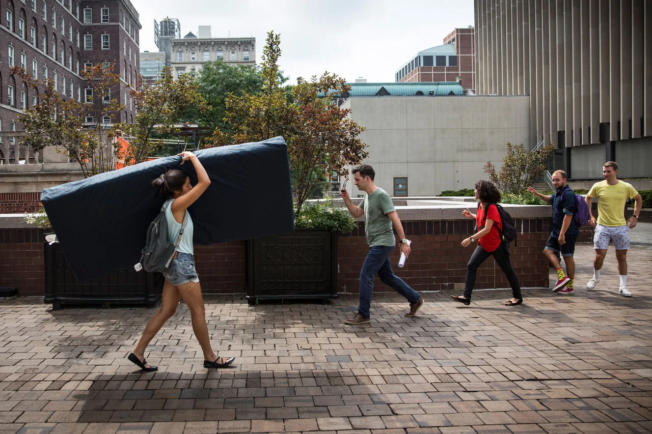Emma Sulkowicz's protest of sexual assault at Columbia. (Andrew Burton/Getty)