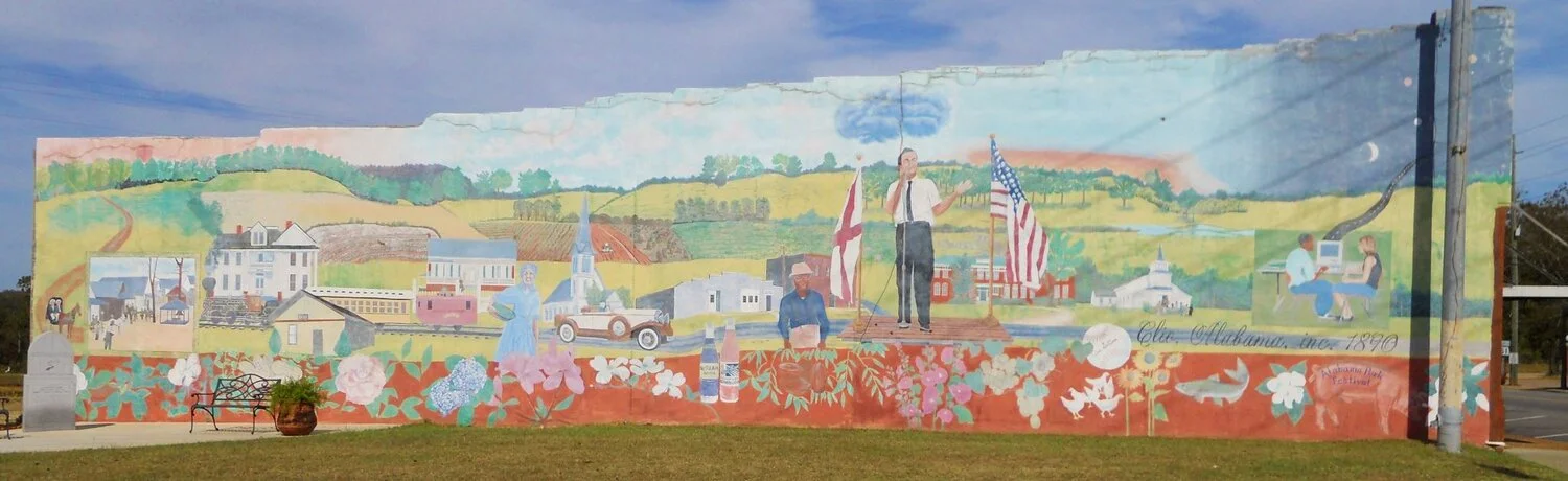 The “Clio Heritage Mural,” featuring George Wallace, is situated in the center of town.