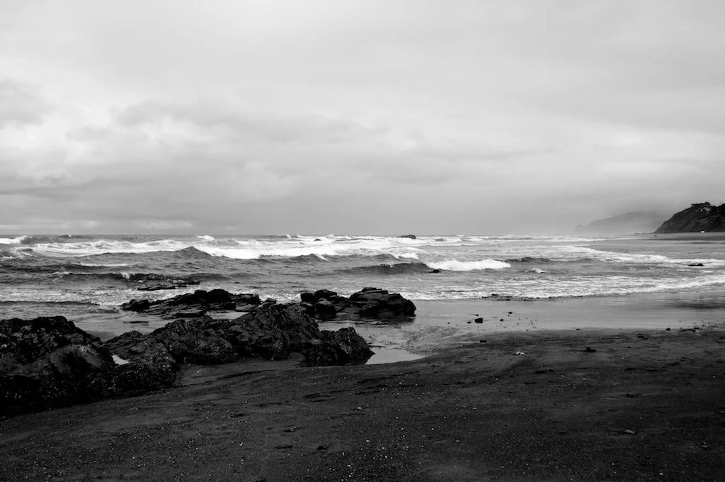 black and white photo: oregon coast