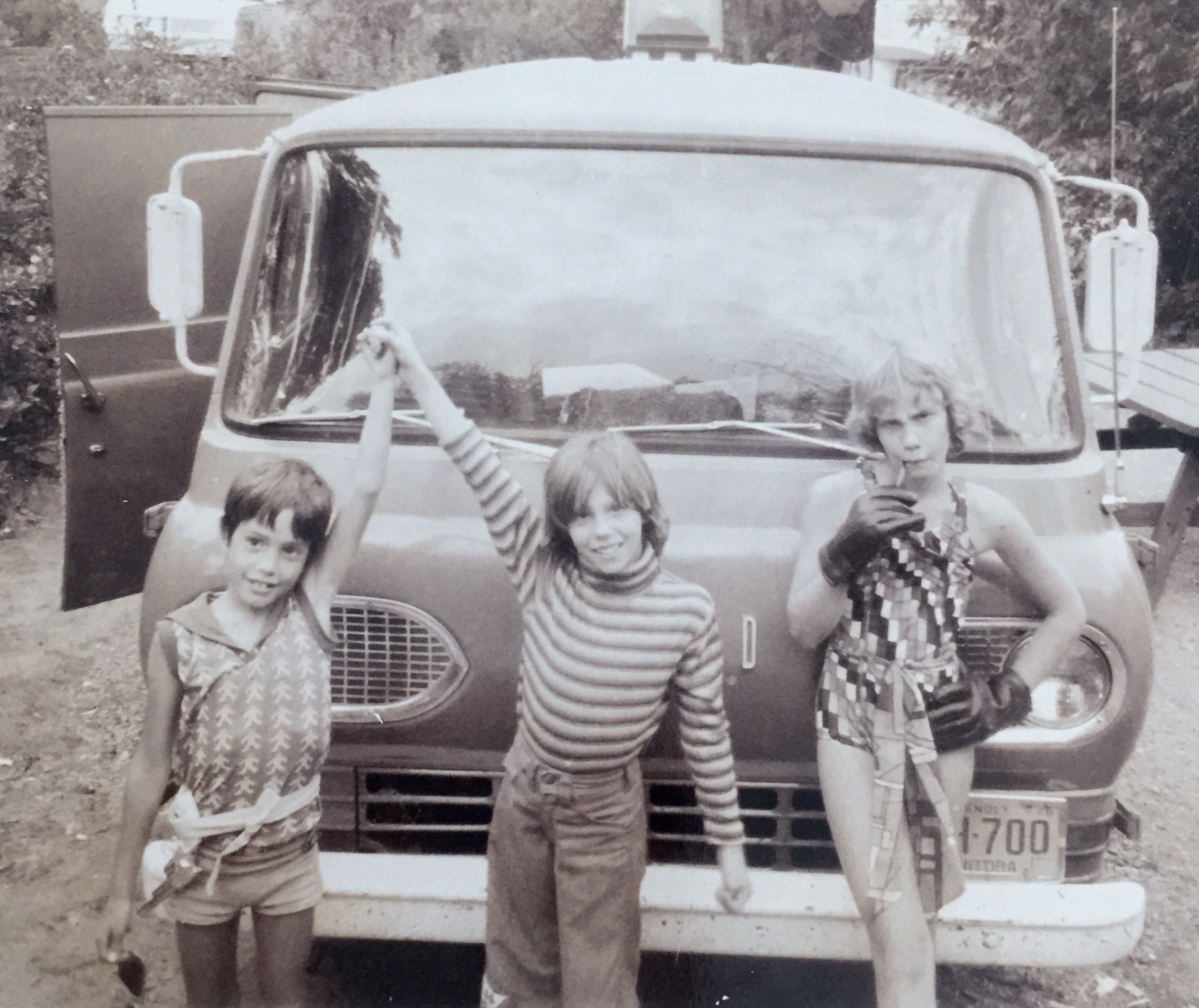  My sister my cousin and I, posing in some hideous outfits inspired by whatever was in the camper. Somewhere in Saskatchewan. 1970’s 