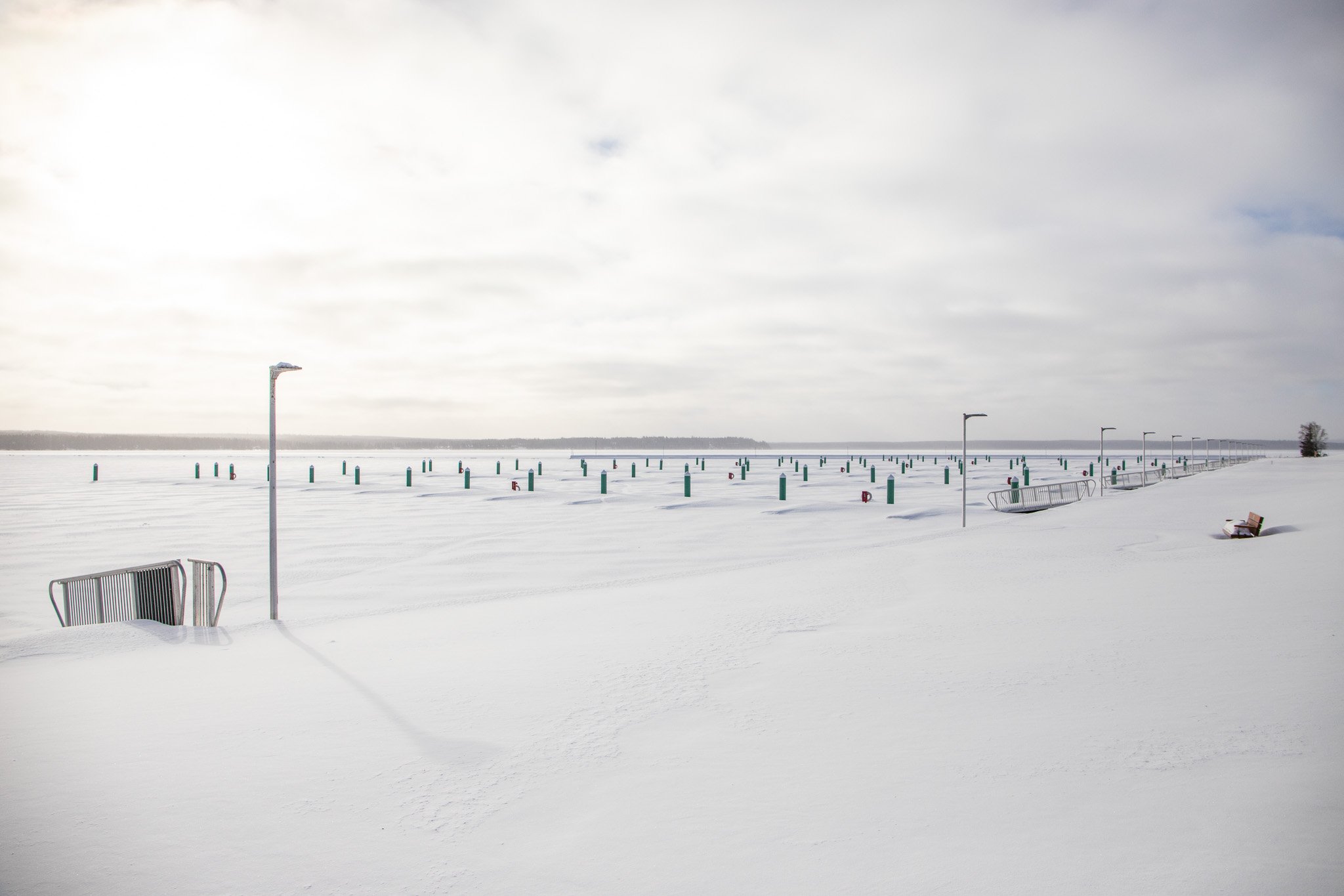 A snow covered marina at Waskesiu Lake